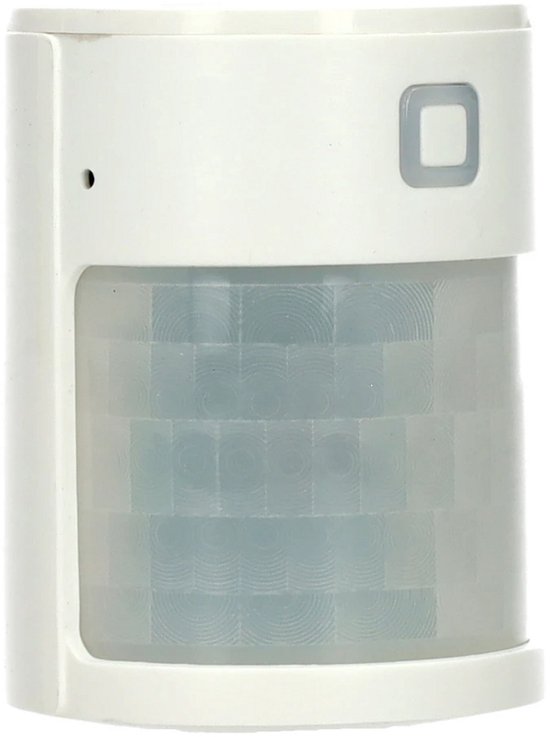 Witte bewegingsmelder met een grijs vierkant knopje en een transparant sensorvenster.