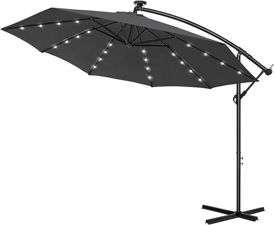 350 cm Aluminium Parasol Met LED & Kruk - UV-Bescherming - Tuinparasol - 360° Draaibaar - Marktpolsol - Waterafstotend - Zweefparasol Met Voet - Windbescherming - Krukparasol Voor Tuin, Terras, Strand (Donkergrijs) NAIZY