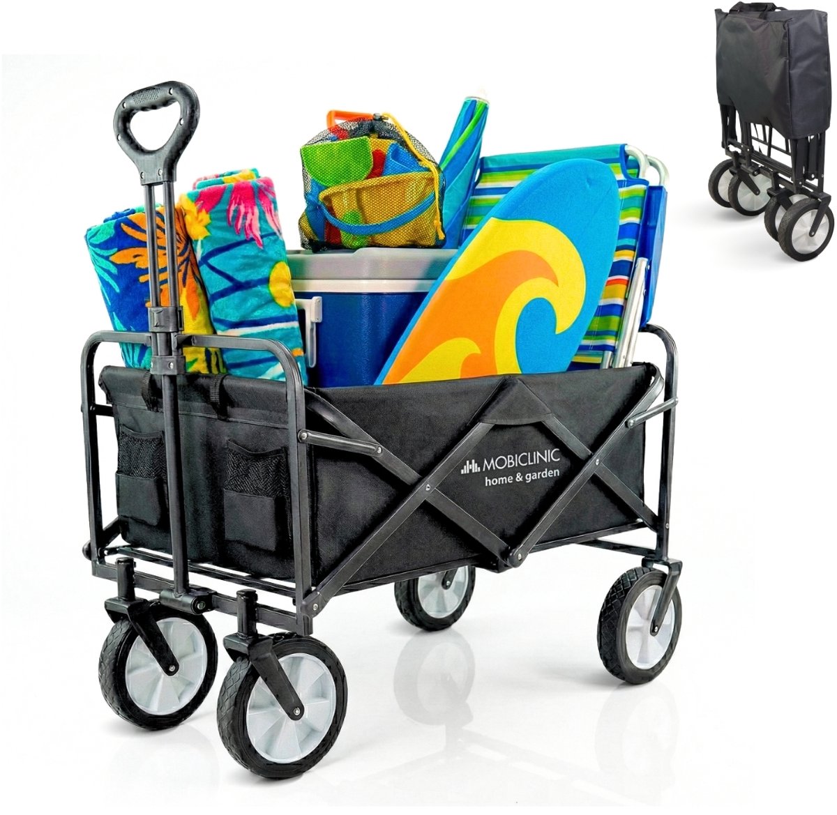 Mobiclinic Duna Pro - Bolderkar Opvouwbaar Luchtbanden - Opvouwbaar - Strandtuintransportwagen - XL inhoud (10O L) - 100x50x59cm - Tot 100 kg draagvermogen - Brede 360º Wielen - Zwart