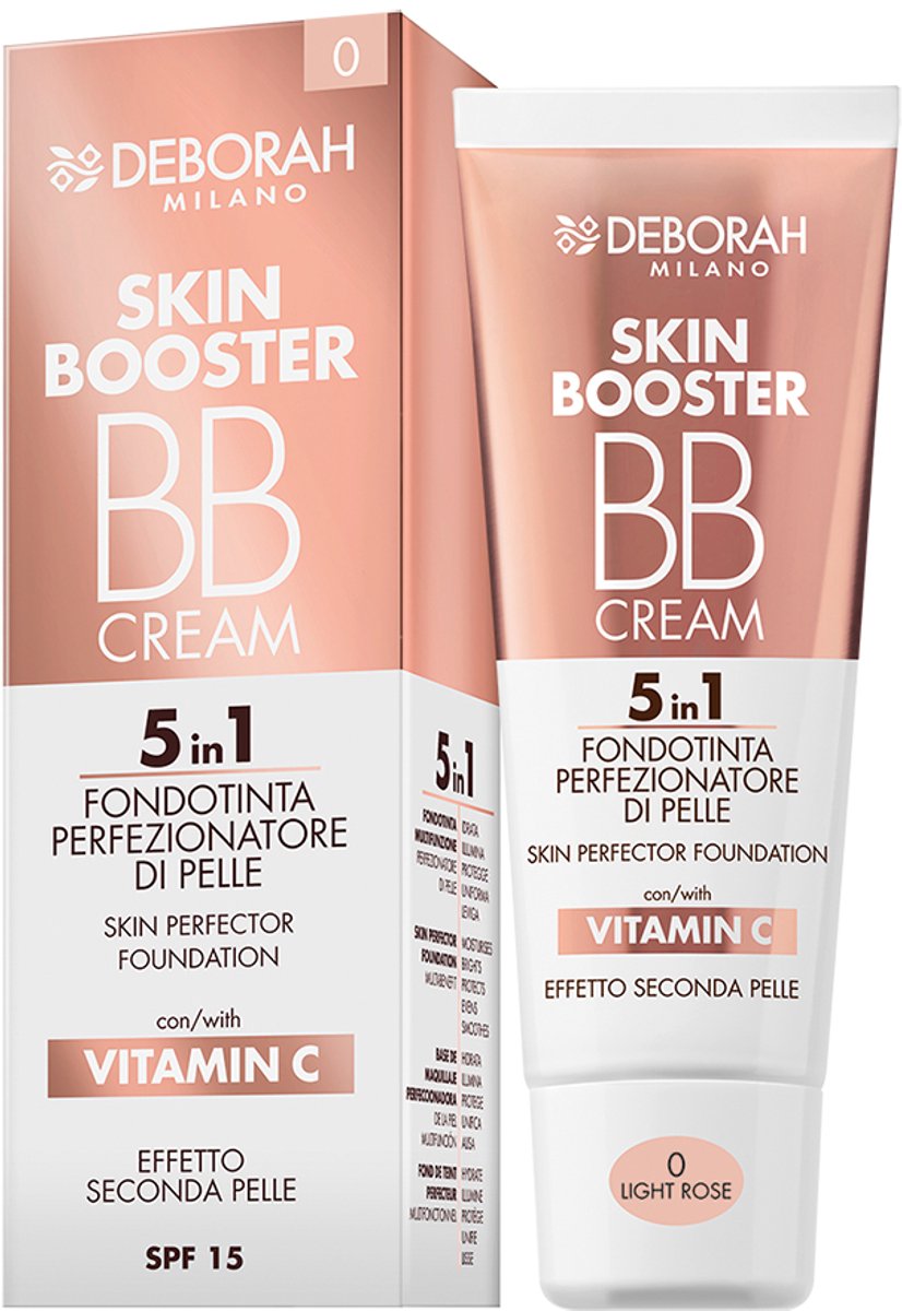 Deborah-Milano Skin Booster BB Cream Kleur 0 Light Rose – 30 ML – 5-In-1 Foundation & BB Cream – Hydrateert, Egaliseert En Verheldert De Huid – SPF15 & Vitamine C – Natuurlijk, Stralend Effect & Soepele “Second Skin” Finish – Voor Dagelijks Gebruik
