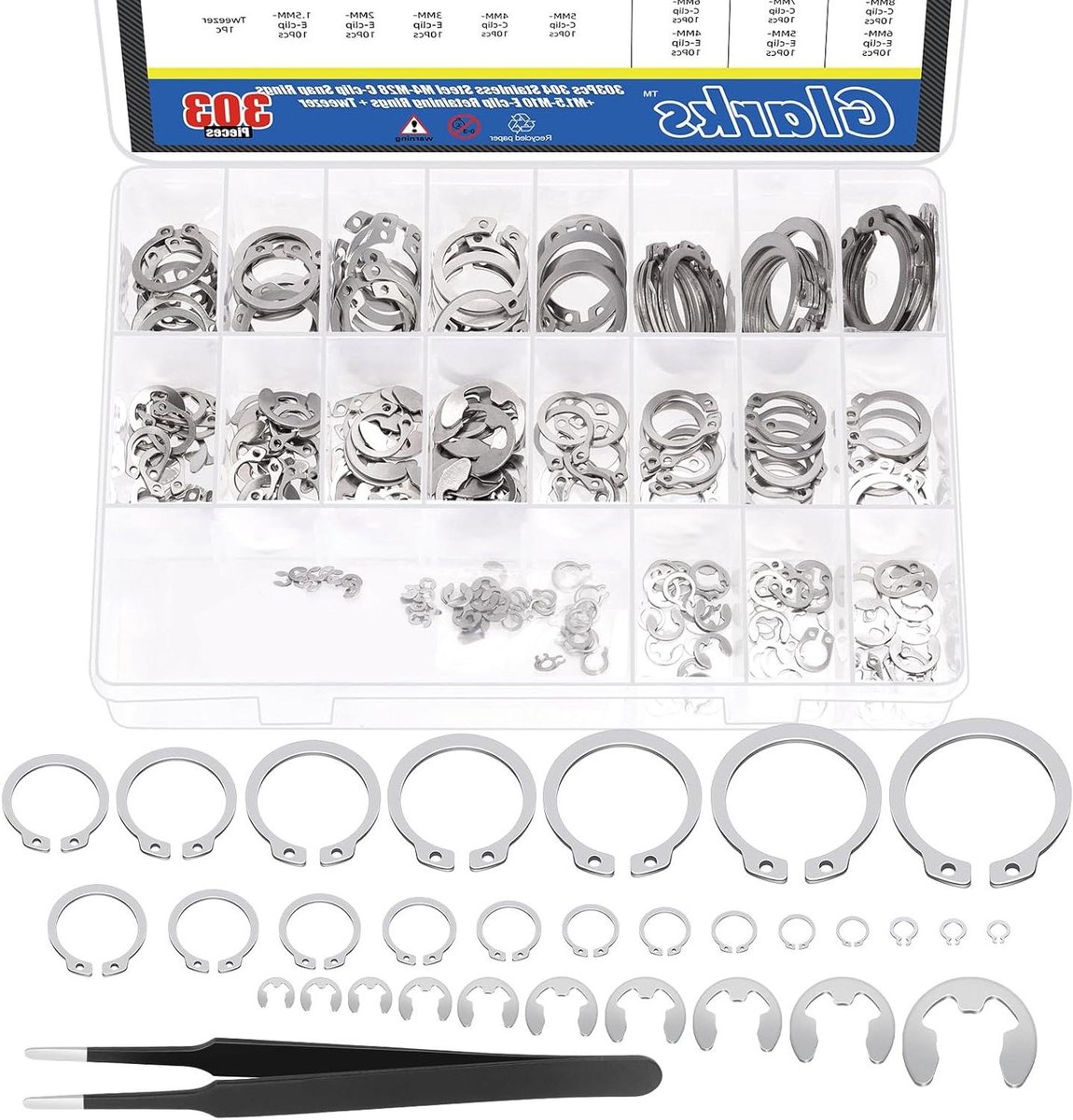 RVS C-clip en E-clip assortimentset - 302 stuks, 4 mm-28 mm borgclips, pincet