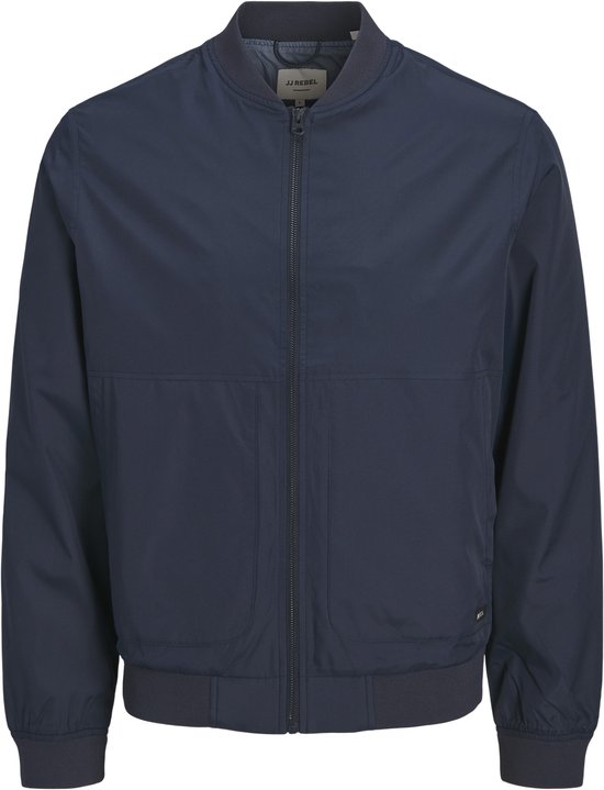 Veste bomber bleu marine avec fermeture éclair, col et poignets côtelés.
