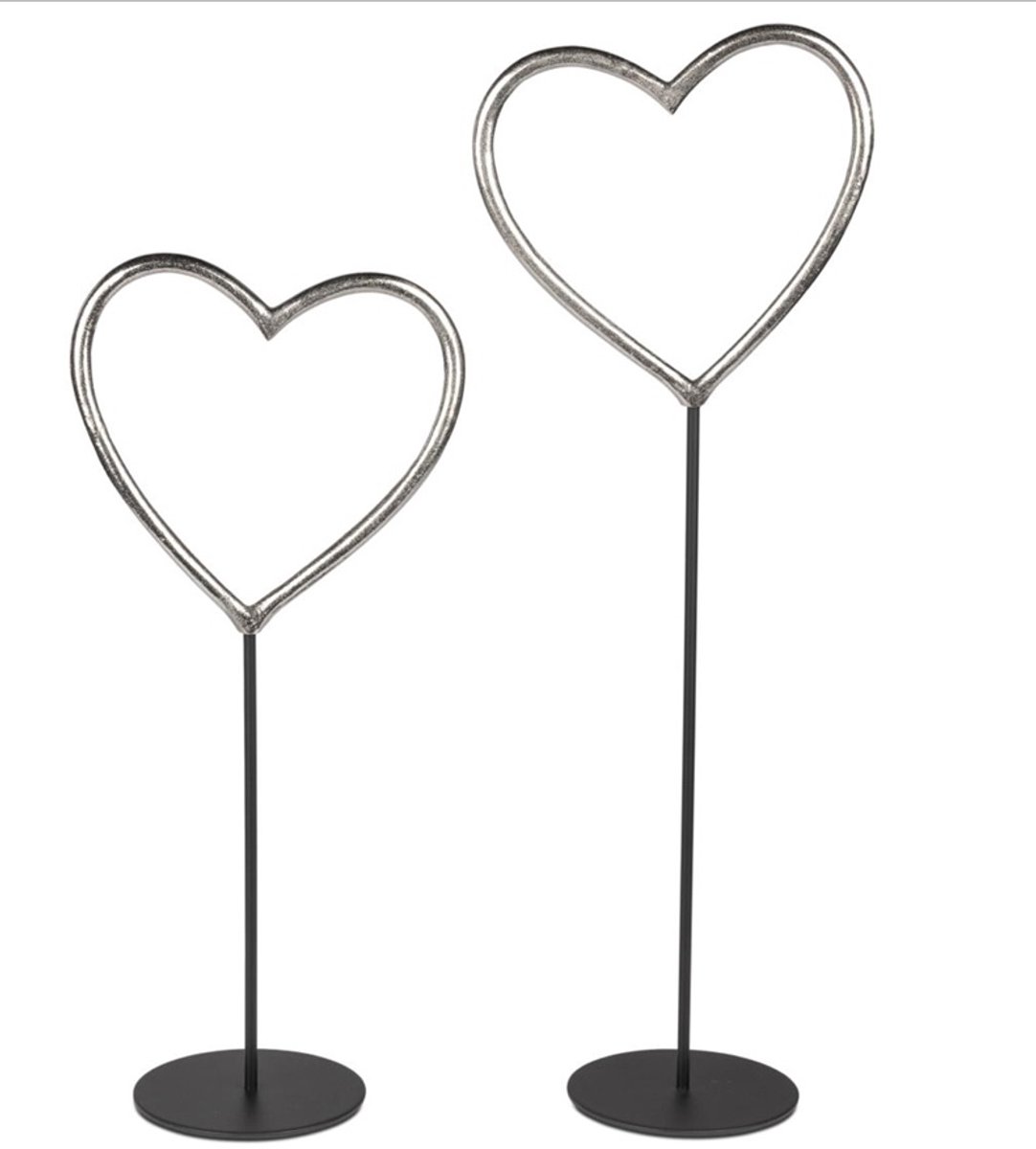 Hart - 2 set - Liefde - Symbool - Decoratie - Zwart - zilver - Kunst - Aluminium -70 en 50cm. - Voet Ø15cm.