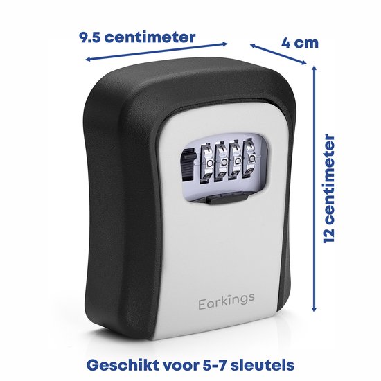 Afmetingen van een grijze en zwarte sleutelkluis: 9.5 cm breed, 4 cm diep en 12 cm hoog. Geschikt voor 5-7 sleutels.