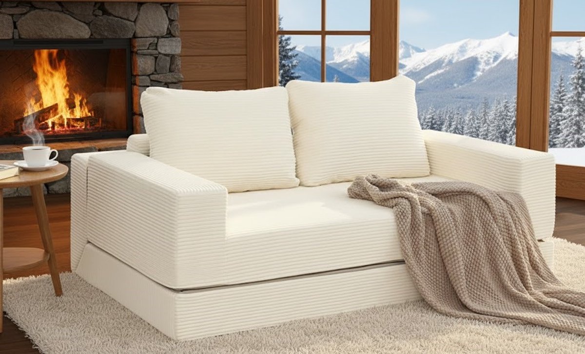 Uittrekbare Corduroy Futon Slaapbank met Kussens – House&Garden – Comfortabele Lounge- & Logeerbank voor Woonkamer en Slaapkamer, Beige, 2-Zits, Multifunctioneel