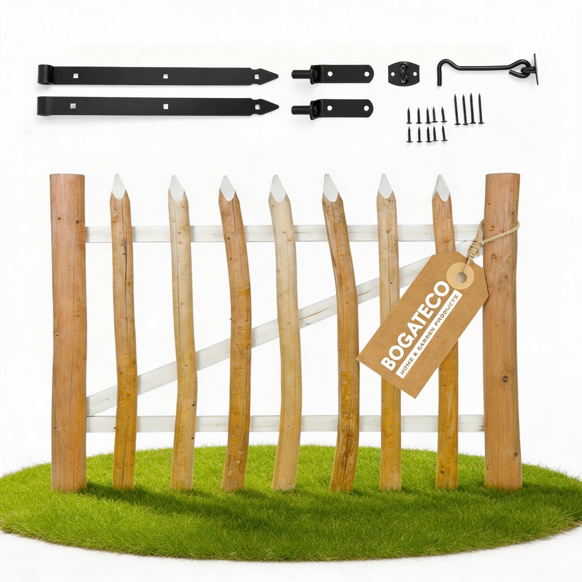 BOGATECO Hazelaar Tuinpoort - 100cm Breed x 60cm Hoog - Links Draaiend - Houten Hekpoort inclusief Scharnieren en Toebehoren - Natuurlijke Omheining