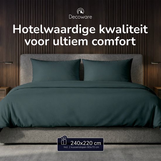 Decoware Dekbedovertrek Uni 240x220 cm - Donkergroen - Katoen - Met Kussenslopen - Lits-jumeaux van Decoware — afbeelding 4
