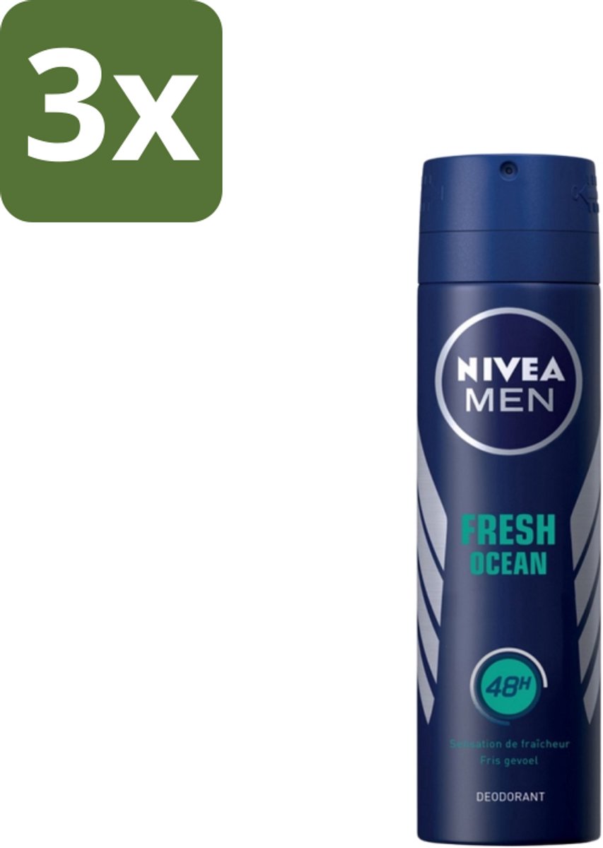 Nivea - Men - Deodorant - Spray - Fresh Ocean - 48 Uur Lang Werkend - 150 ml - Bulkverpakking - 3 stuks