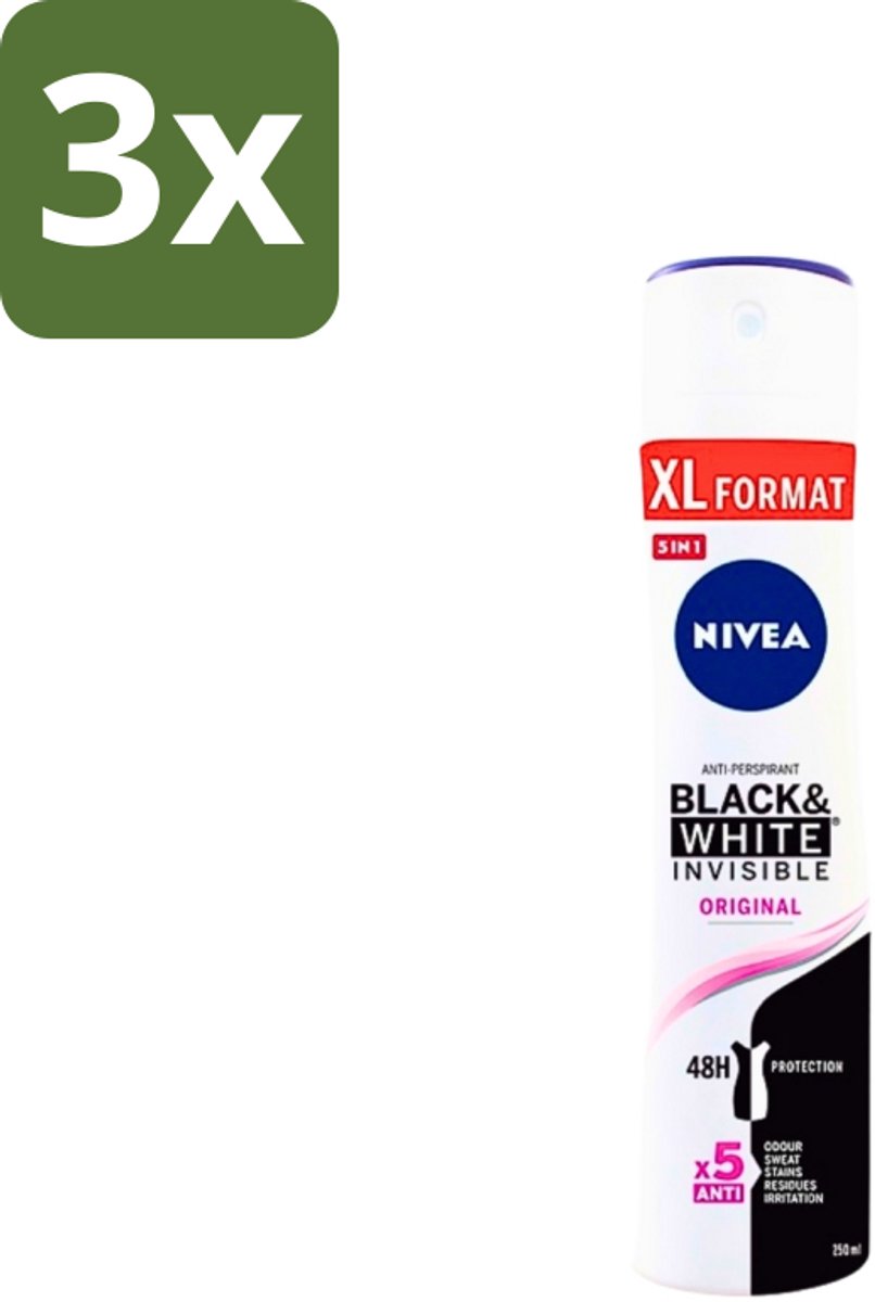Nivea - Deospray - Invisible Black & White Original - 48 Uur Lang Werkend - 250 ml - Bulkverpakking - 3 stuks