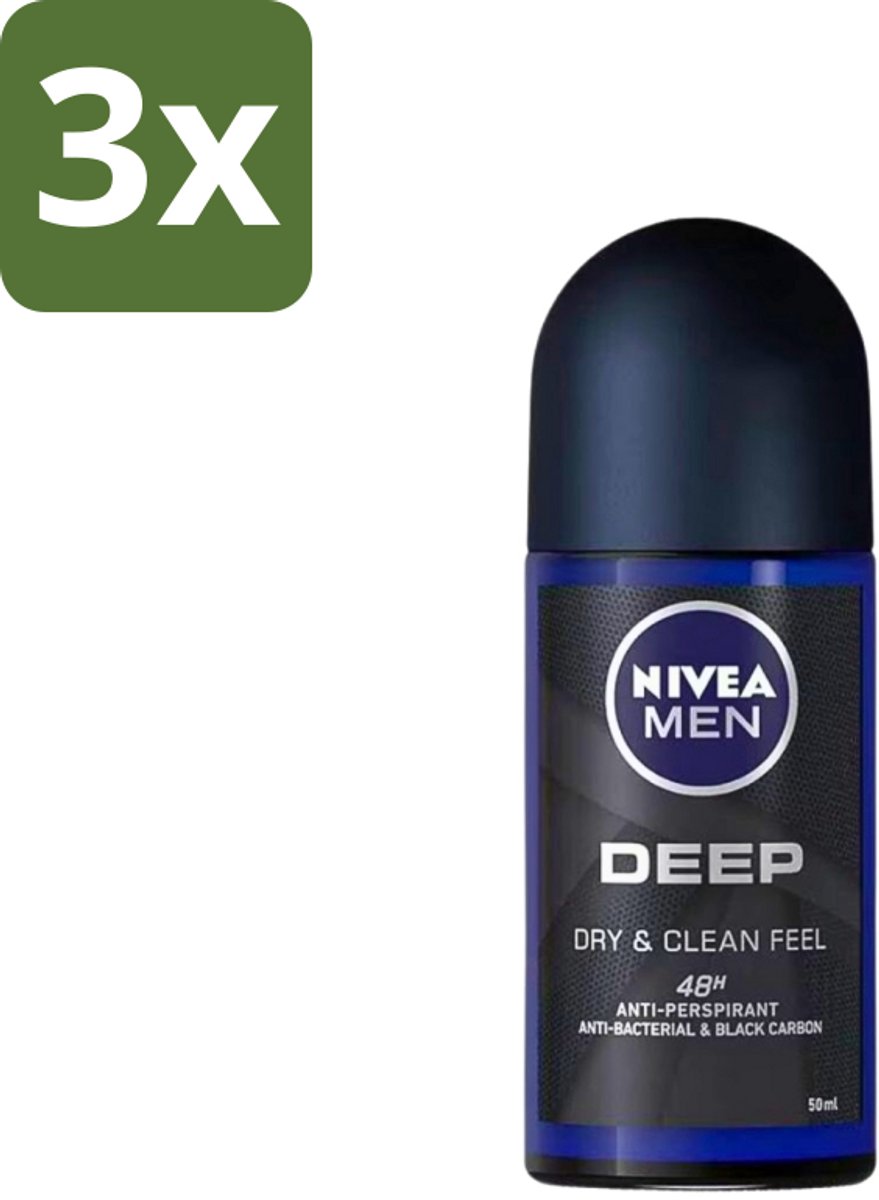 Nivea - Deo Roll-On - Men - Deep - 48 Uur Lang Werkend - 50 ml - Bulkverpakking - 3 stuks