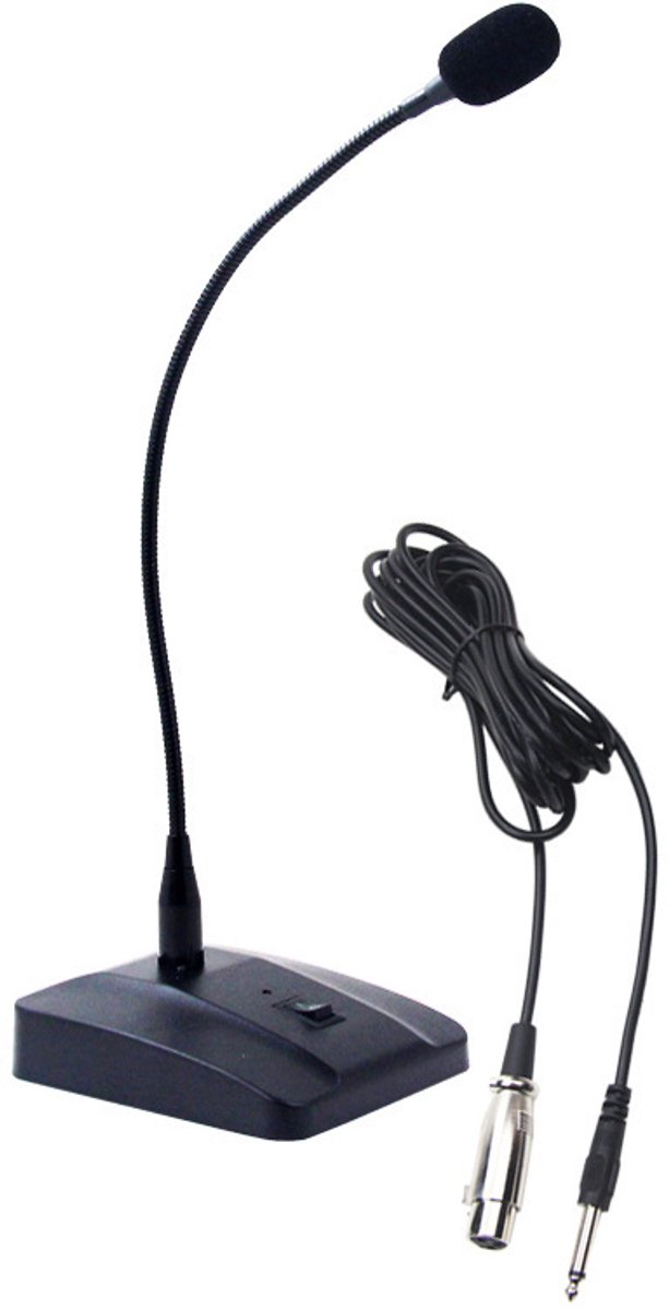 Condensatormicrofoon met 5 meter kabel; bedrade microfoon met mute-knop.