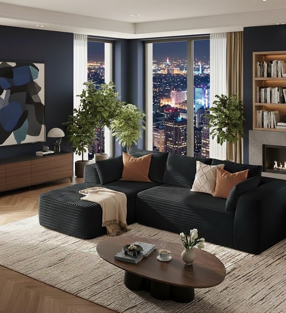 Luxe L-vormige Hoekbank met Slaapfunctie – Modulaire 3-Zits Bank met Chaise Longue, Corduroy Stof, Comfortabele Sectionele Sofa voor Woonkamer – 270 cm, Zwart House&Garden