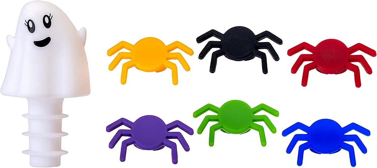 Halloween Wijnstopper Set met 6 Cup Markers - Zwart en Wit Spook Ontwerp