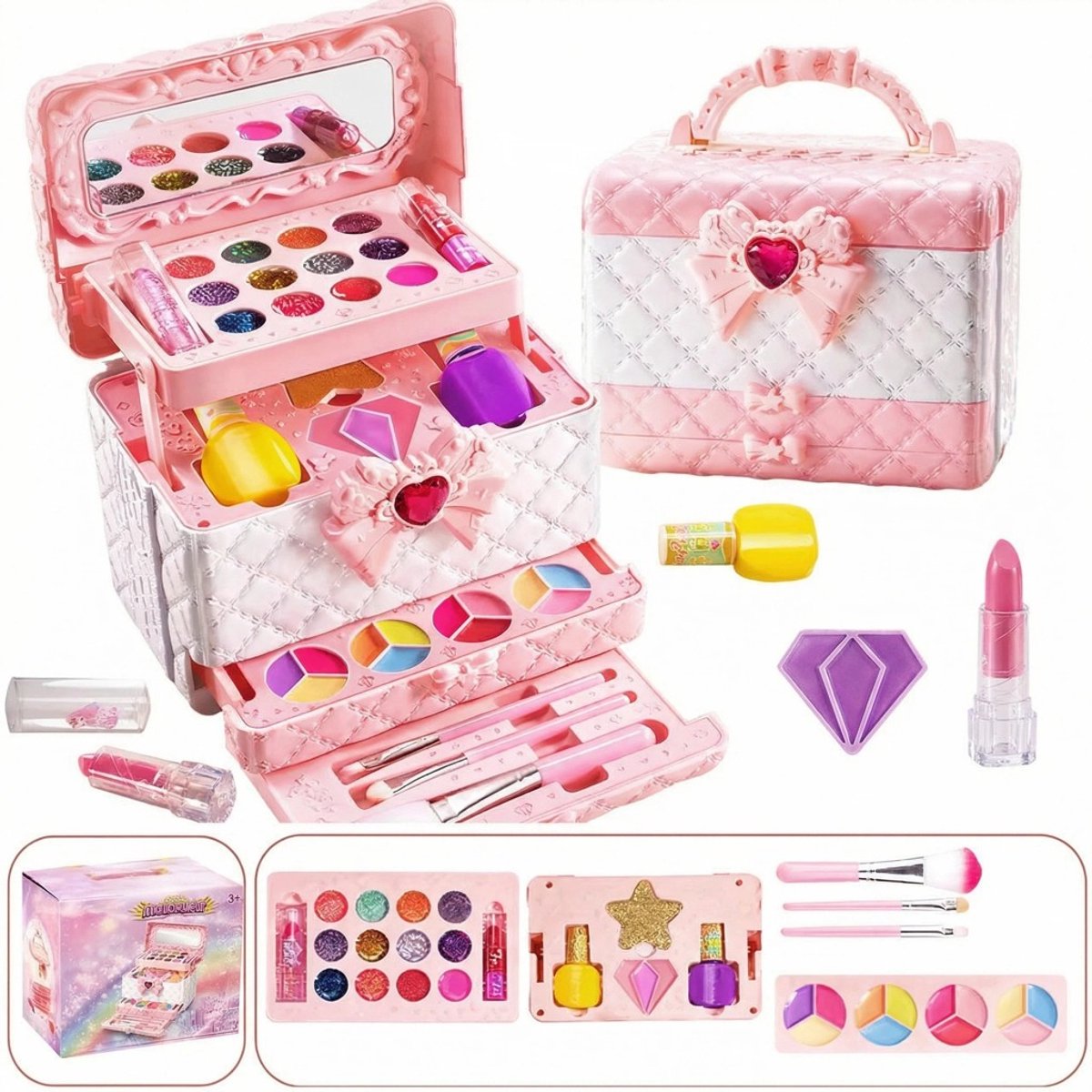 kinderen Make up set( 33 PCS ) - Make-up Set meisjes-Make up Doos Meisjes Met spiegel- Kindermake-up - Veiligheid- Kinderen Make-up Sets - Veilig & Echt Wasbaar Rollenspel - Make Up Kit - Meisjes Speelgoed met Cosmetische Case