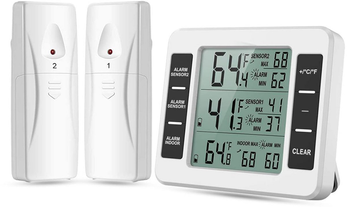 Draadloze Digitale Koelkast Thermometer met Min/Max Alarm en 2 Sensoren