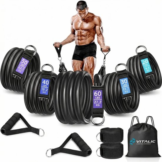 PREMIUM Weerstandsbanden set met Handvatten - Resistance band Fitness elastiek - Elastische Weerstandsband - Fitness Booty Band | Vitalic