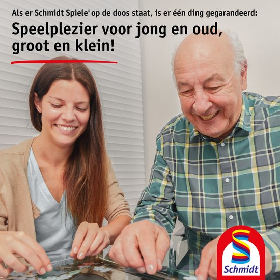 Un homme et une femme font un puzzle ensemble en riant. "Schmidt Spel" Qualité supérieure.