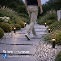 Man loopt over een tuinpad met vierkante, zwarte staande lampen met warm wit licht en schemersensor.