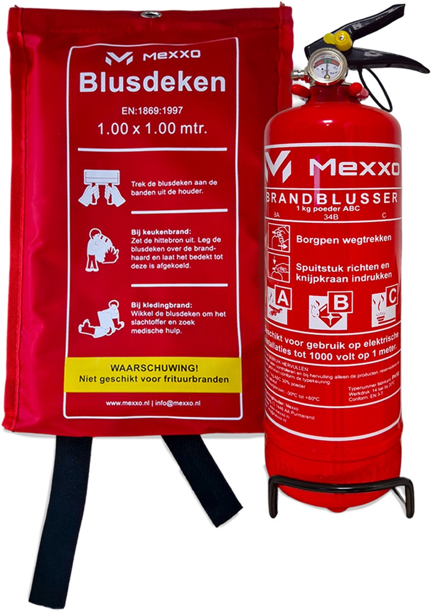 Mexxo blusset - Brandblusser 1 kg ABC + Blusdeken 100x100 cm - Montagebeugel en keuringssticker