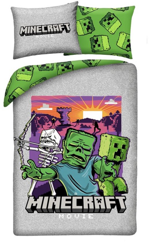 Grijze Minecraft "A Movie" dekbedset met Creeper en skelet op de voorkant. Twee kussenslopen, groen met creeper-gezichtjes.