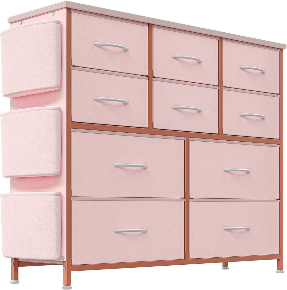 HoerFuriy Commode met 10 Lades - Stoffen Opbergkast - Metalen Frame & Houten Blad - Voor Slaapkamer & Kinderkamer - Roze - 100x90x30CM