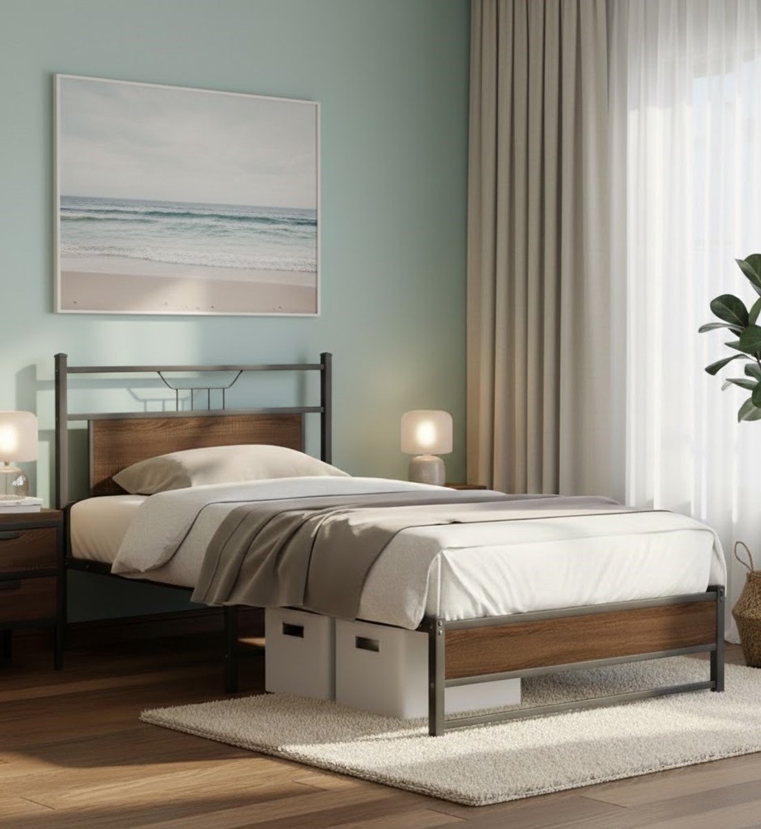 House & Graden Metalen Bedframe 107x203 cm met Hoofdbord & Laag Voetbord – Industrieel Design in Bruine Eikenlook met Lattenbodem & Opbergruimte Merk: House & Graden