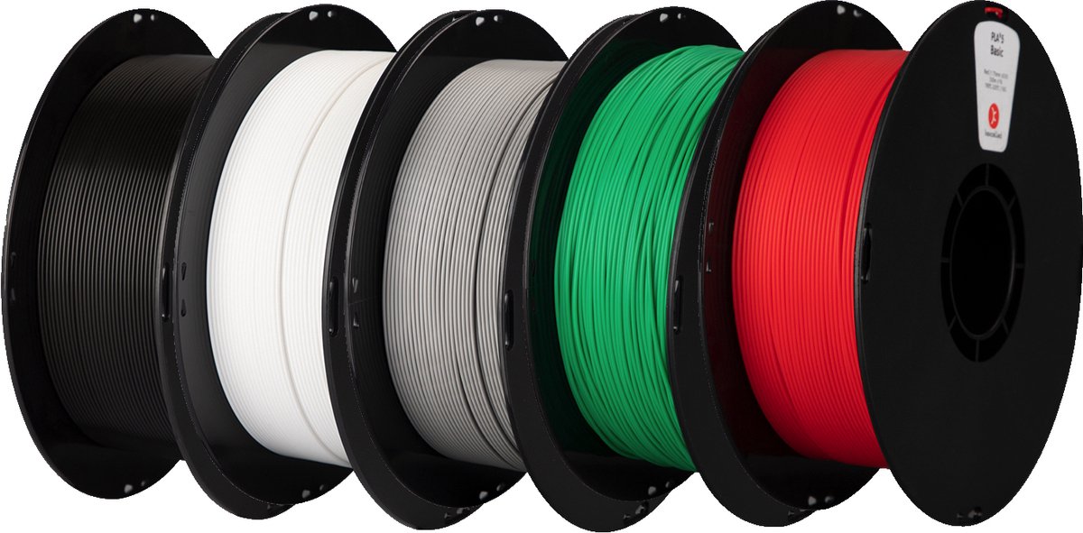 Kexcelled PLA - 3D Printer Filament Combideal - 5x 1kg (Zwart, Wit, Grijs, Groen, Rood) - 1.75mm