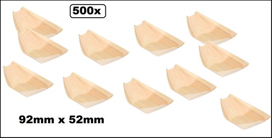 Tien houten amusebootjes van 92x52mm, met 500x in het zwart en de afmetingen 92mm x 52mm.