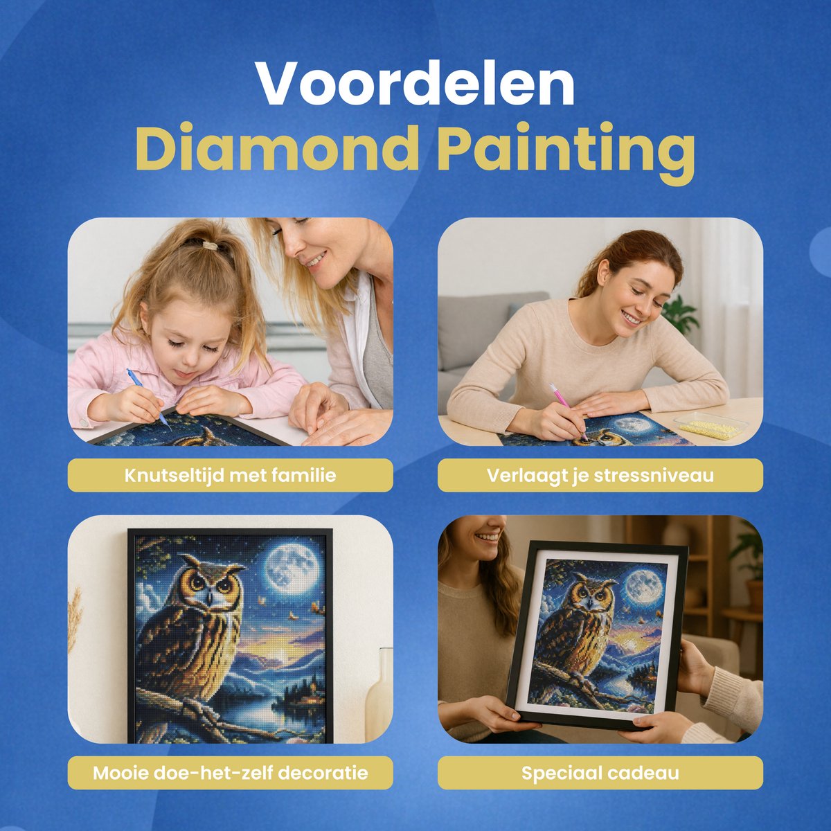 Rubye® Diamond Painting Volwassenen & Kinderen - Pakket Volledig - Nachtuil - 30x40cm — afbeelding 6