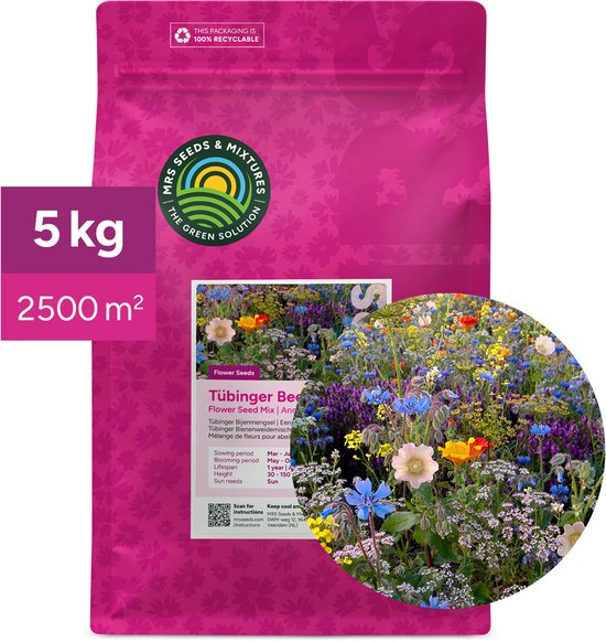 MRS Tübinger Bijenmengsel - Bloemenmengsel voor bijen - 5 kg voor 2.500 m² - Bloemzaden - Rijk aan nectar en stuifmeel - Lokt hommels, honing- en wilde bijen
