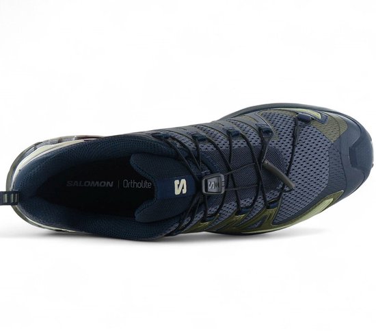 Salomon XA PRO 3D V9 schoen, bovenaanzicht met blauwe en groene mesh, veters, Ortholite.