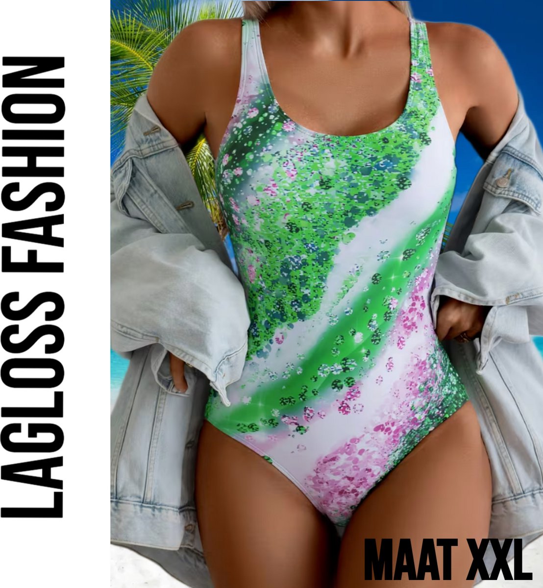 LaGloss ® Ombre Groen Bloemenprint Dames Badpak - Vierkante Hals - Open Rug - Zomers – Strandmode – Beach fashion –