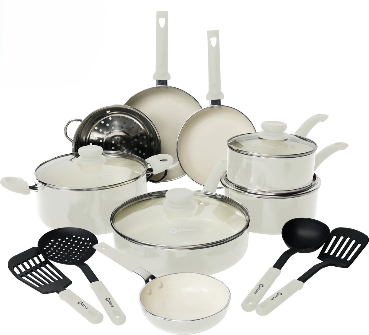 Bol.com COOCK 22-Delige Pannenset Inductie - Speciale Anti-Aanbak Coating - Ergonomische Koudgrepen - Gerecycled Aluminium - koe... aanbieding