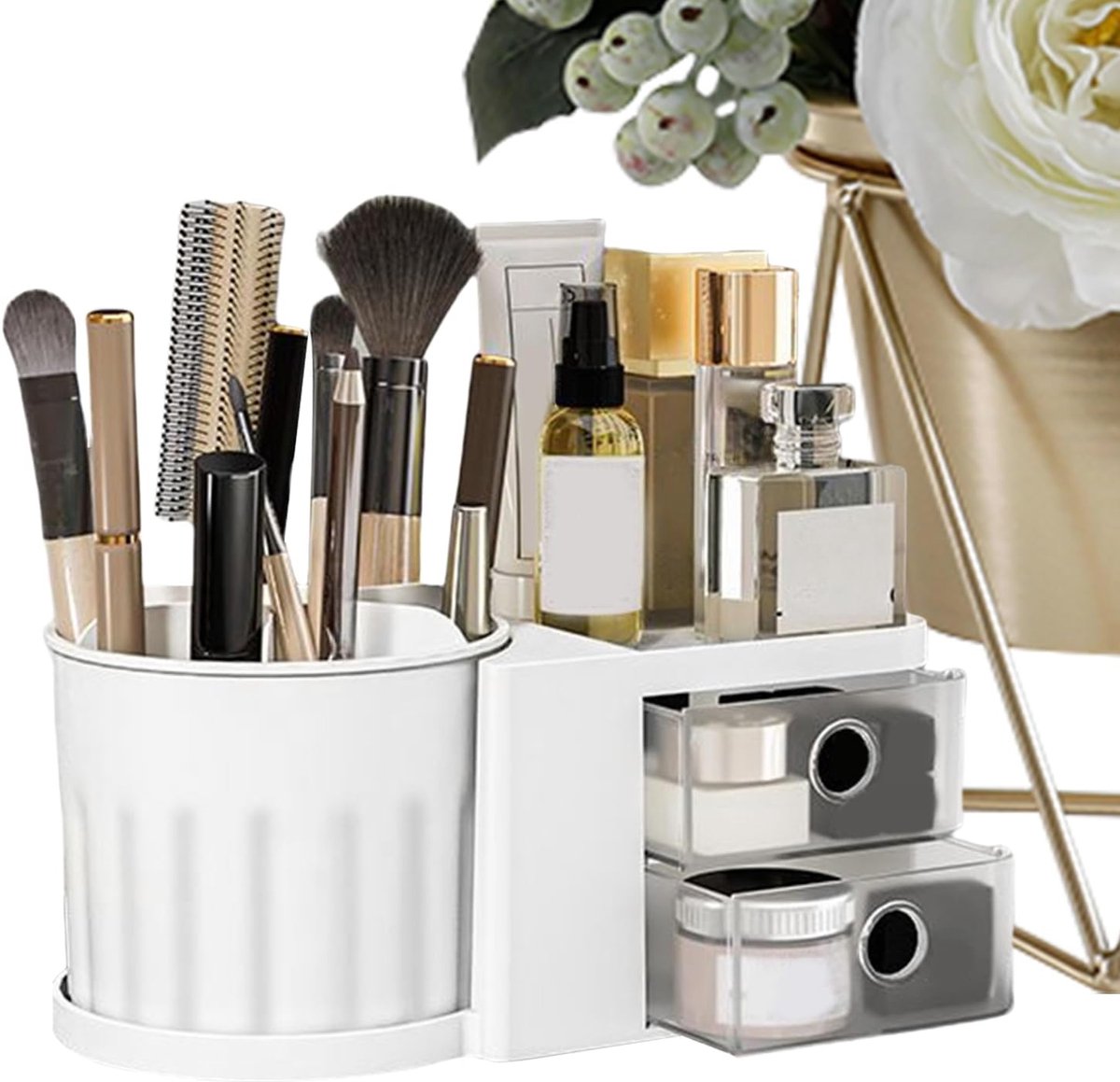 Make-up Opbergdoos - Draaibare Box - Bureau Organisatie - Met Lades - 22 x 12.6 cm - Romig Wit