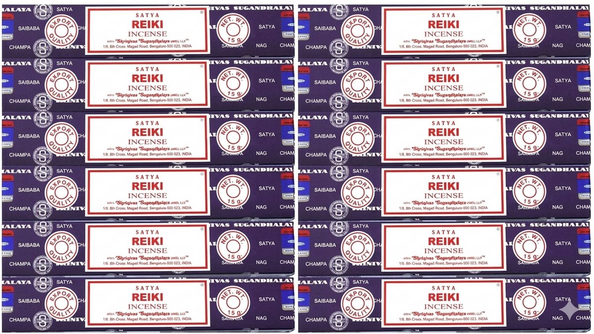 Satya Nag Champa Reiki Wierookstokjes - Originele Blauwe Serie - 12 Pakjes van 15g (180g Totaal) - Handgerold uit India - Voor Meditatie, Yoga & Ontspanning - Natuurlijke Aroma's met Kajal Sticker