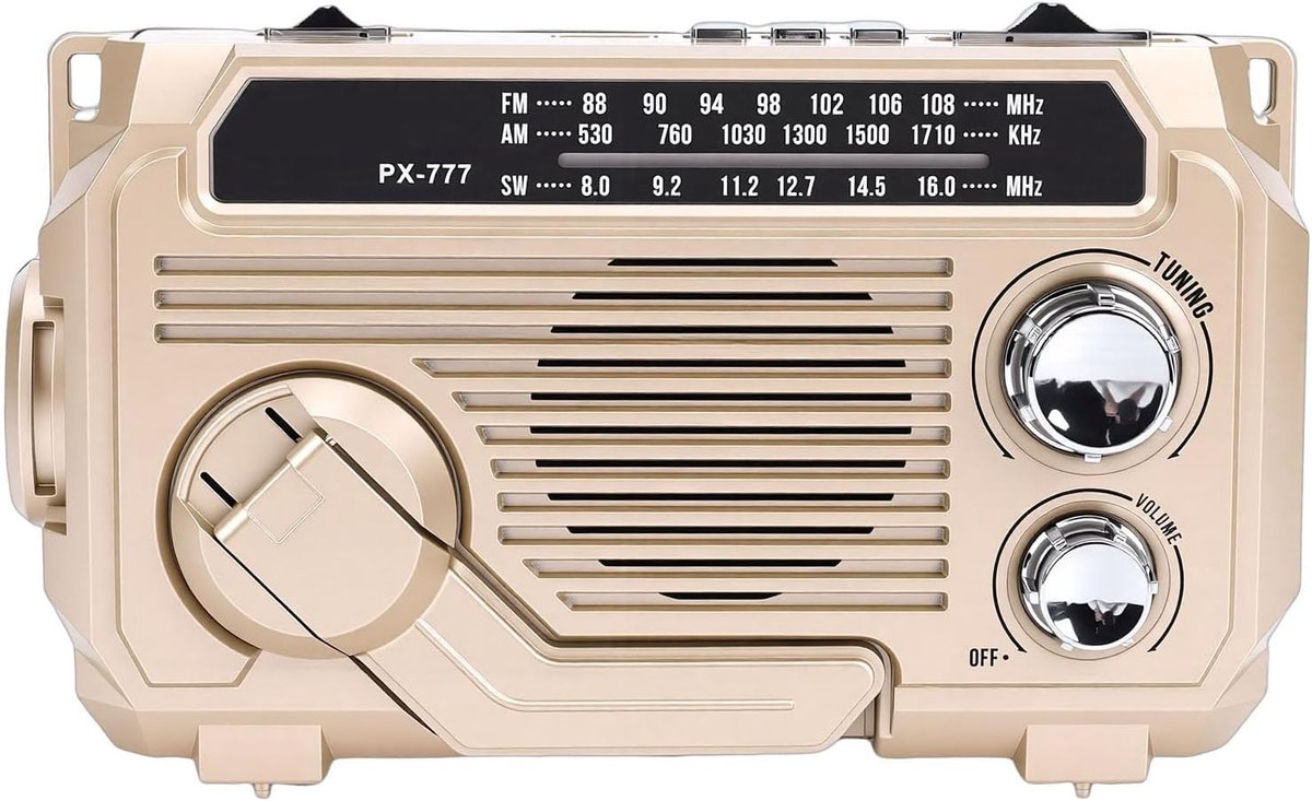 Noodradio - Draagbare Radio - Kamperen en Noodgevallen - Zonne-energie en Crank - 19.99 x 11.99 x 6.99 cm - Khaki