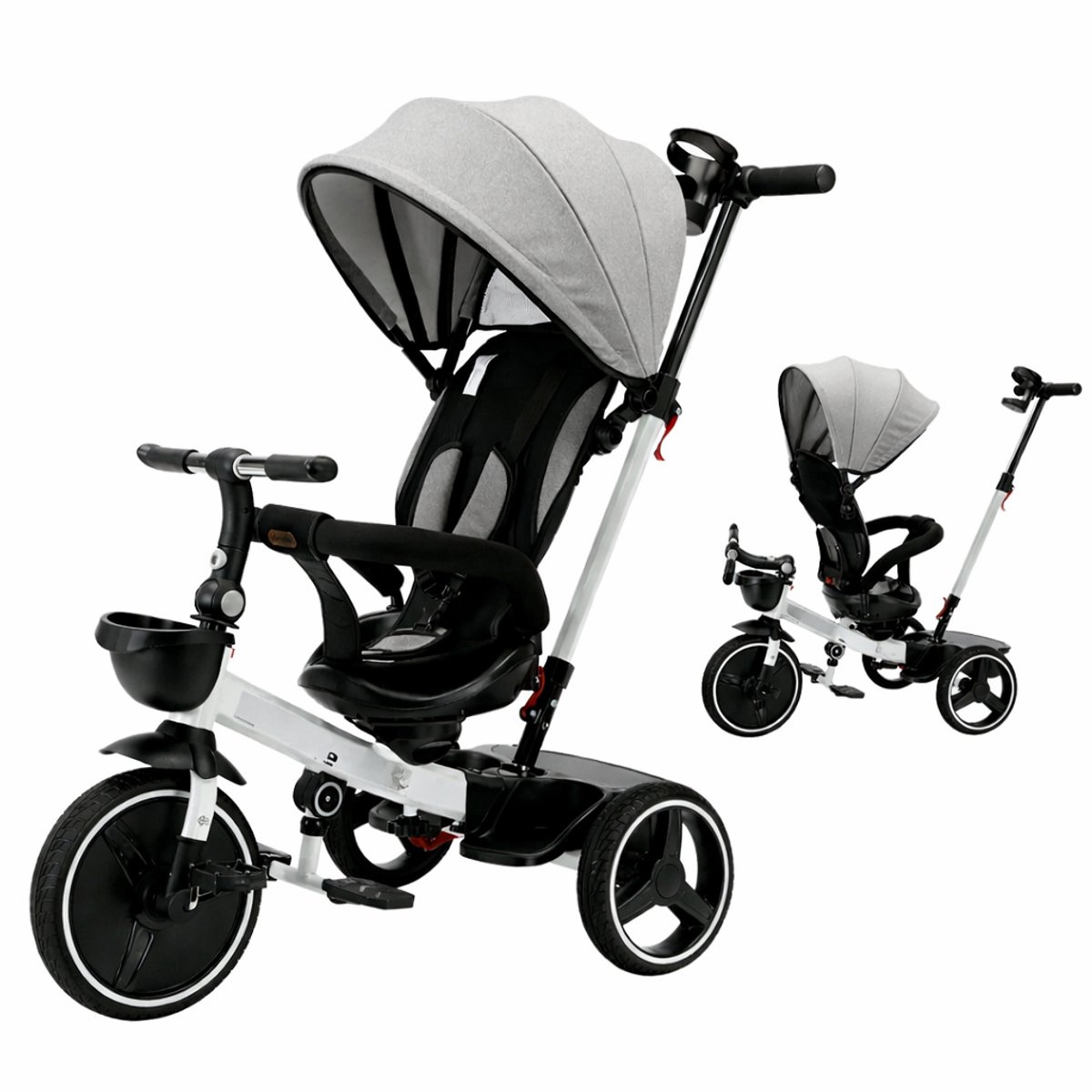 Kinderdriewieler 5-in-1 - Baby Duwfiets Trike voor Peuters en Baby - Verstelbare Luifel en Zitting met Ligstand - 5-Punts Veiligheidsharnas - Schokdemper - Afneembare Vangrail - Opbergmand - Ouderhandvat - Grijs - 1-5 Jaar