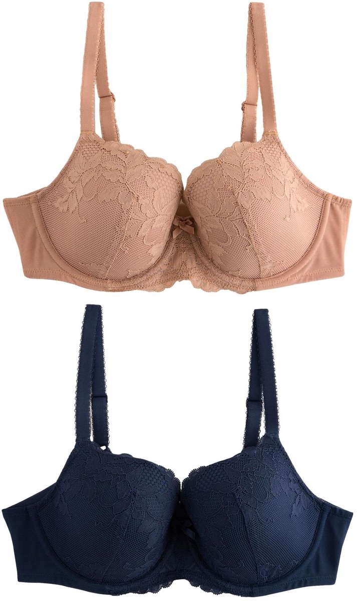 Next Dames - Set van 2 DD+ kanten balconette beha's met vulling - Blauw