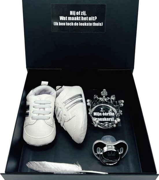 Cadeau de naissance Unisexe Lui ou Elle- Première Sneakerbox avec Babysneakers et Sucette - Cadeau Gender Reveal - Baby shower ou félicitations de grossesse