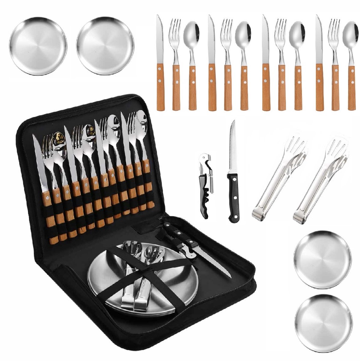 Camping Bestekset 4 Personen – RVS met Houten Handvat – 20-delig – Inclusief Borden, BBQ Tang & Opbergtas – Picknick & Outdoor Set