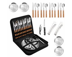 Camping Bestekset 4 Personen – RVS met Houten Handvat – 20-delig – Inclusief Borden, BBQ Tang & Opbergtas – Picknick & Outdoor Set