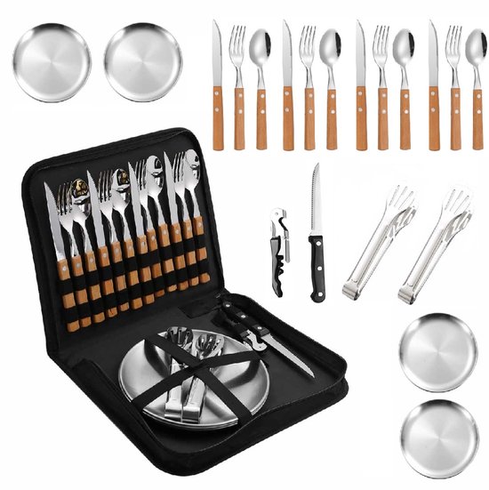 Ensemble de couverts de camping 4 personnes – Acier inoxydable avec manche en bois – 20 pièces – Incluant assiettes, pince BBQ et sac de rangement – Set pique-nique et outdoor