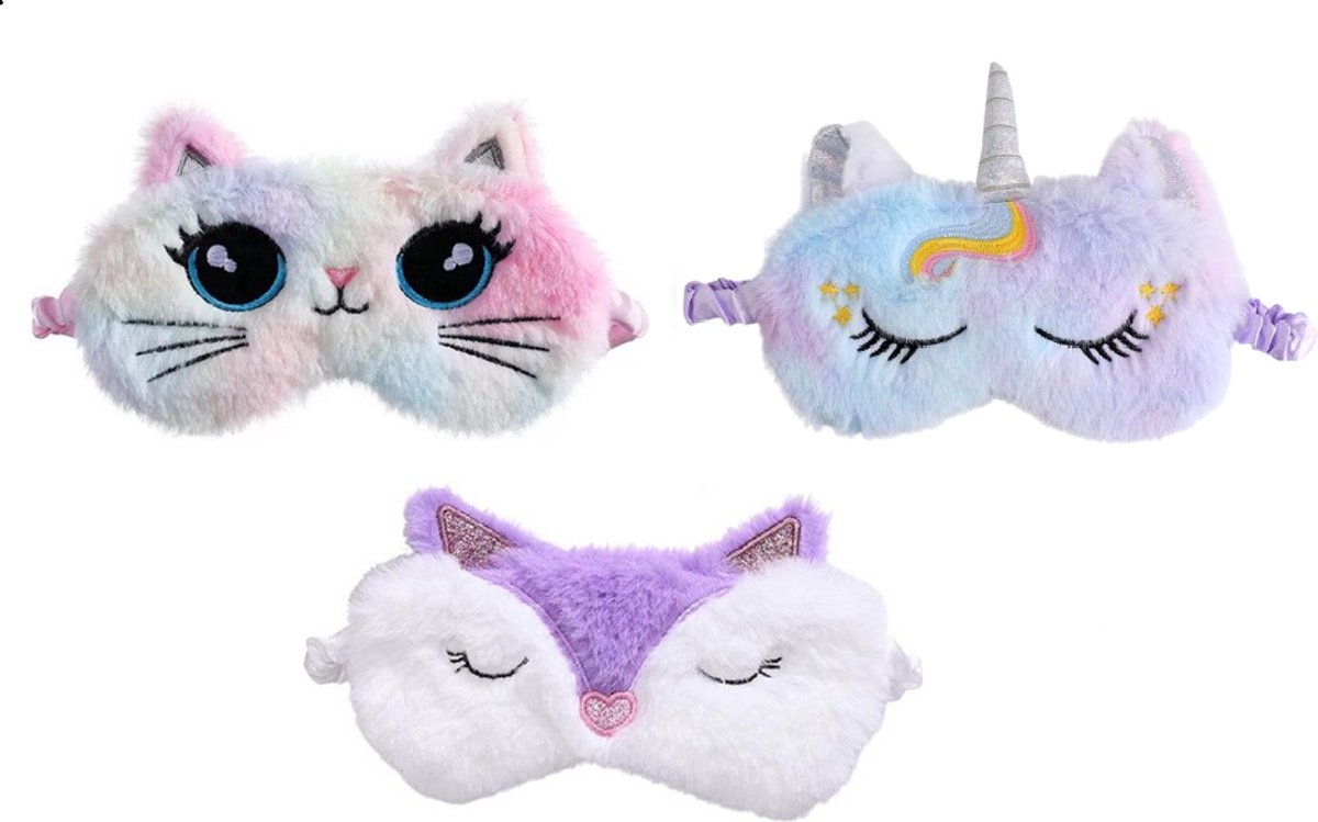 Meisjes Slaapmaskers Set van 3 – Vosje, Unicorn & Kat – Kinder Reismaskers vanaf 5 Jaar – Zachte Oogmaskers van Polyester