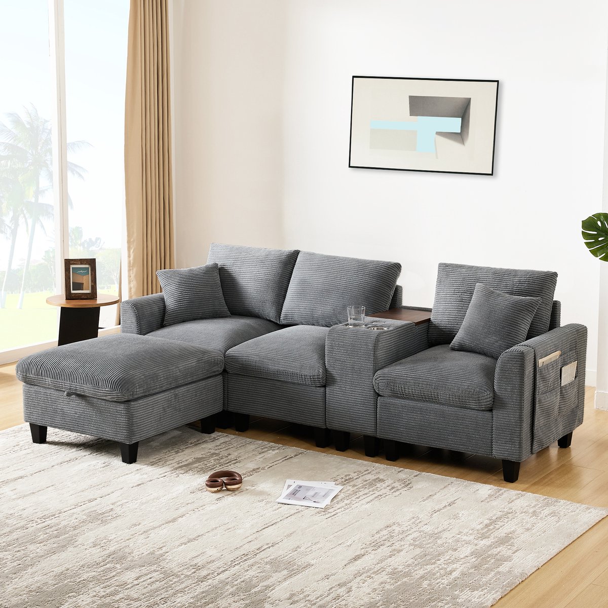 Wishdor - Hoekbank - Modulair Met Opbergpoef - USB-Aansluitingen En Bekerhouders - Ribstof - Grijs - 229 X 149,5 X 83 Cm