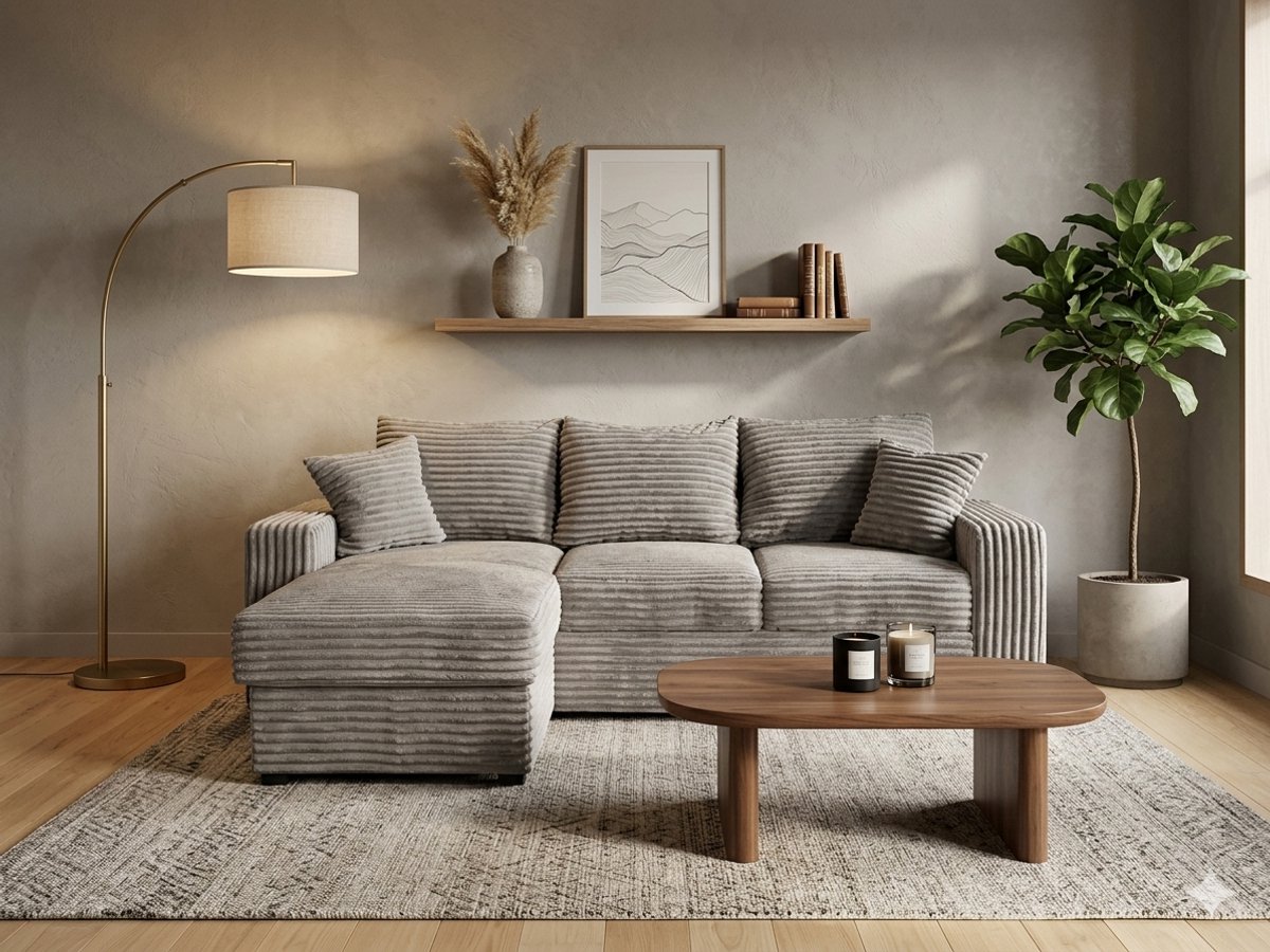 Hoekbank Pepe- lounge links- Ribstof taupe- hoeksalon met bed en opbergruimte