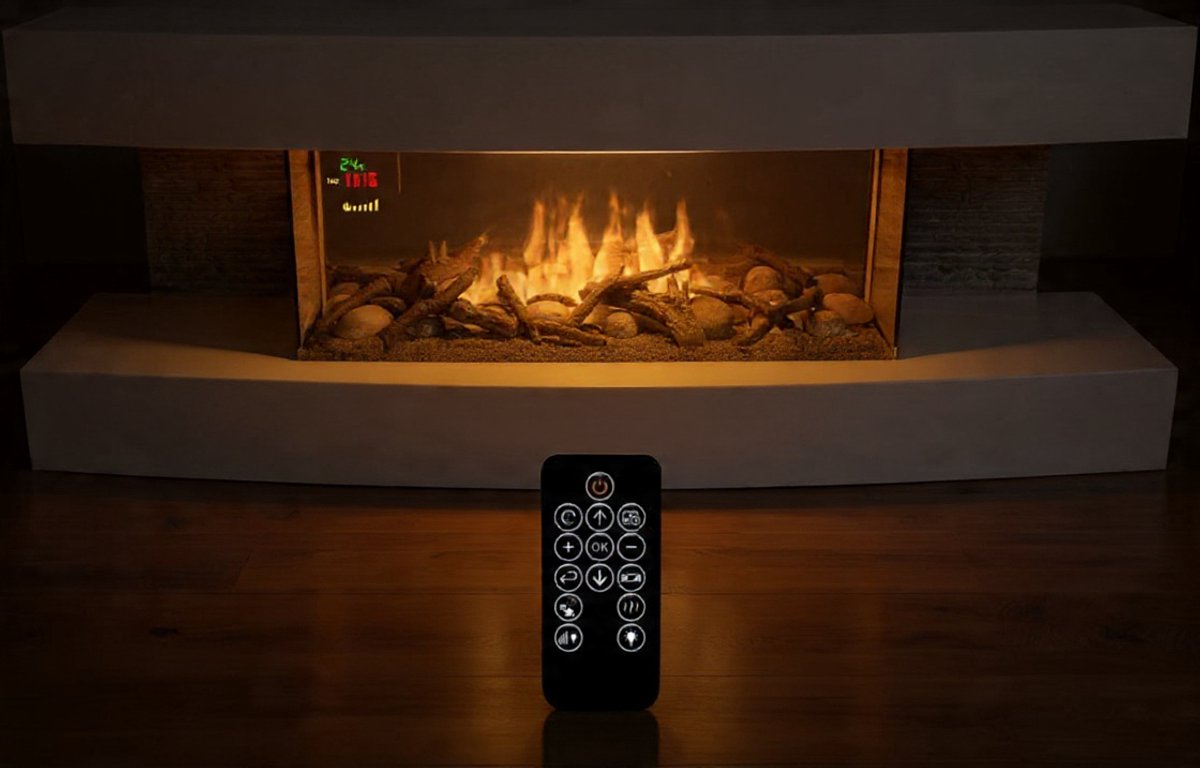 Elektrische Sfeerhaard met Schouw 120 x 45 cm – Vrijstaande Open Haard met 2000W Verwarming, LED Vlammen, Timer & Afstandsbediening – Realistisch Houtblok Effect – Modern Wit – Arqam