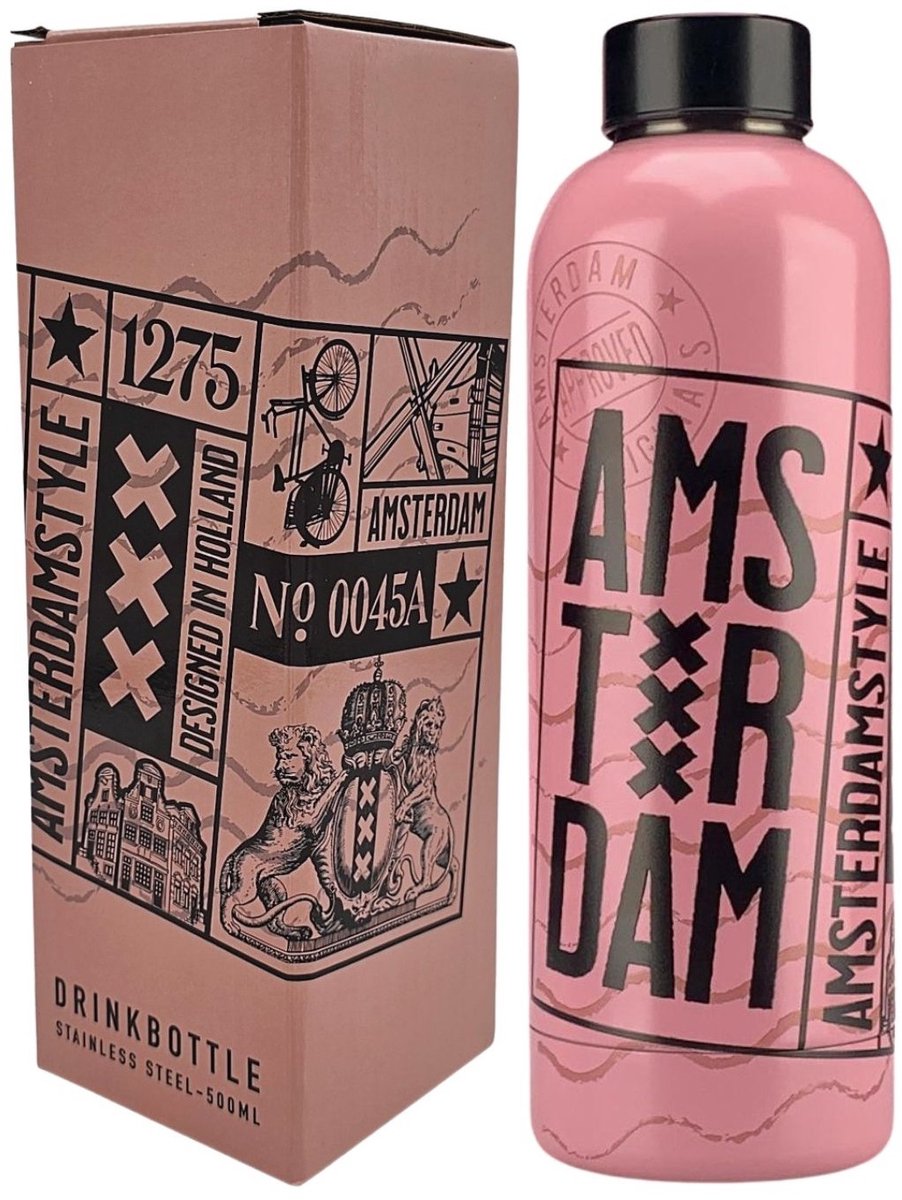 Waterfles - isoleerfles) -roze - Amsterdam style - Typisch Hollands - Amsterdam cadeau