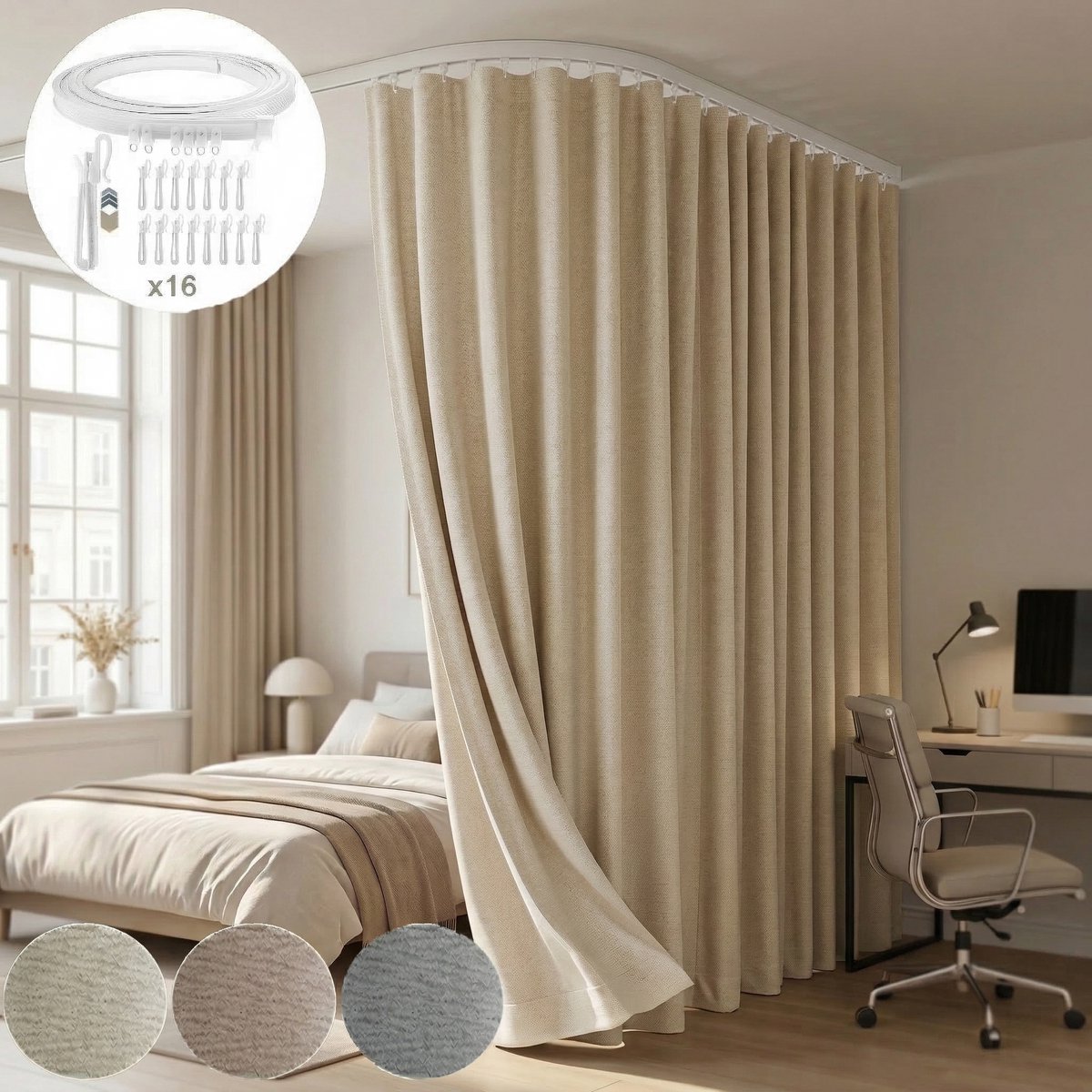 MUPOO -Verduisterend Gordijn incl. Buigbare Rail - Kamerscherm - Privacy & Semi-Verduisterend - Premium Polyester - Privacy Ruimteverdeler -
