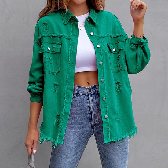 Dames Losse Jeansjack met Scheuren - Lange Mouwen Denim Overhemdjas
