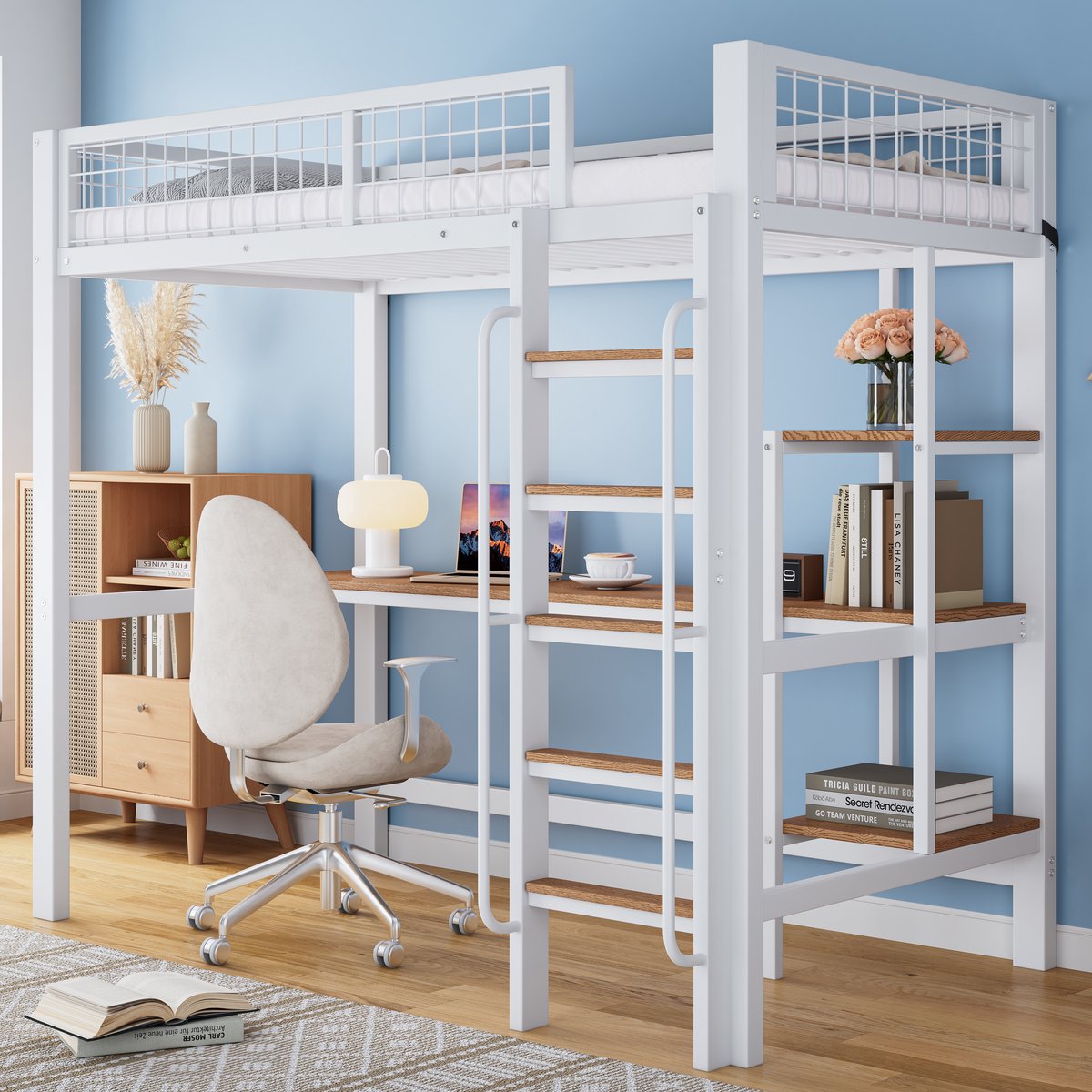 REDOM hoogslaper 90x200 cm – Metaal wit/naturel – Bureau, planken, 5-treps ladder – EN747 – FSC Wit+Natuurlijk